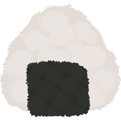A lineless drawing of onigiri, which is a rice ball in a triangle shape with a square of seaweed in the bottom middle of it. The rice is white and fluffy.